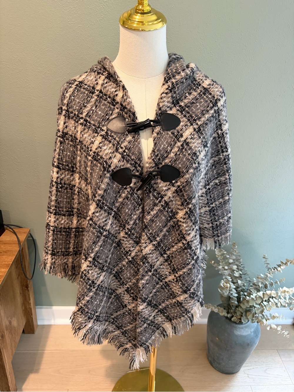 St John’s Bay Hooded Plaid Toggle Poncho Sweater - Black & Cream